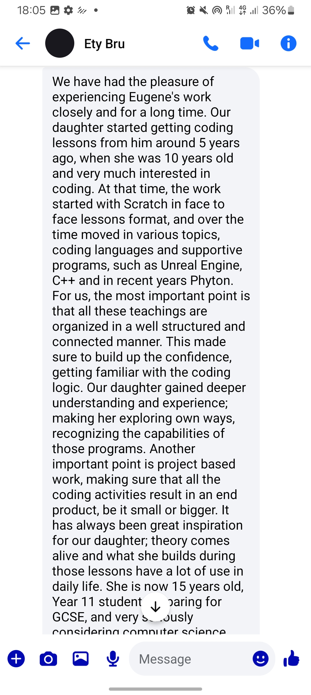 Parent feedback message
