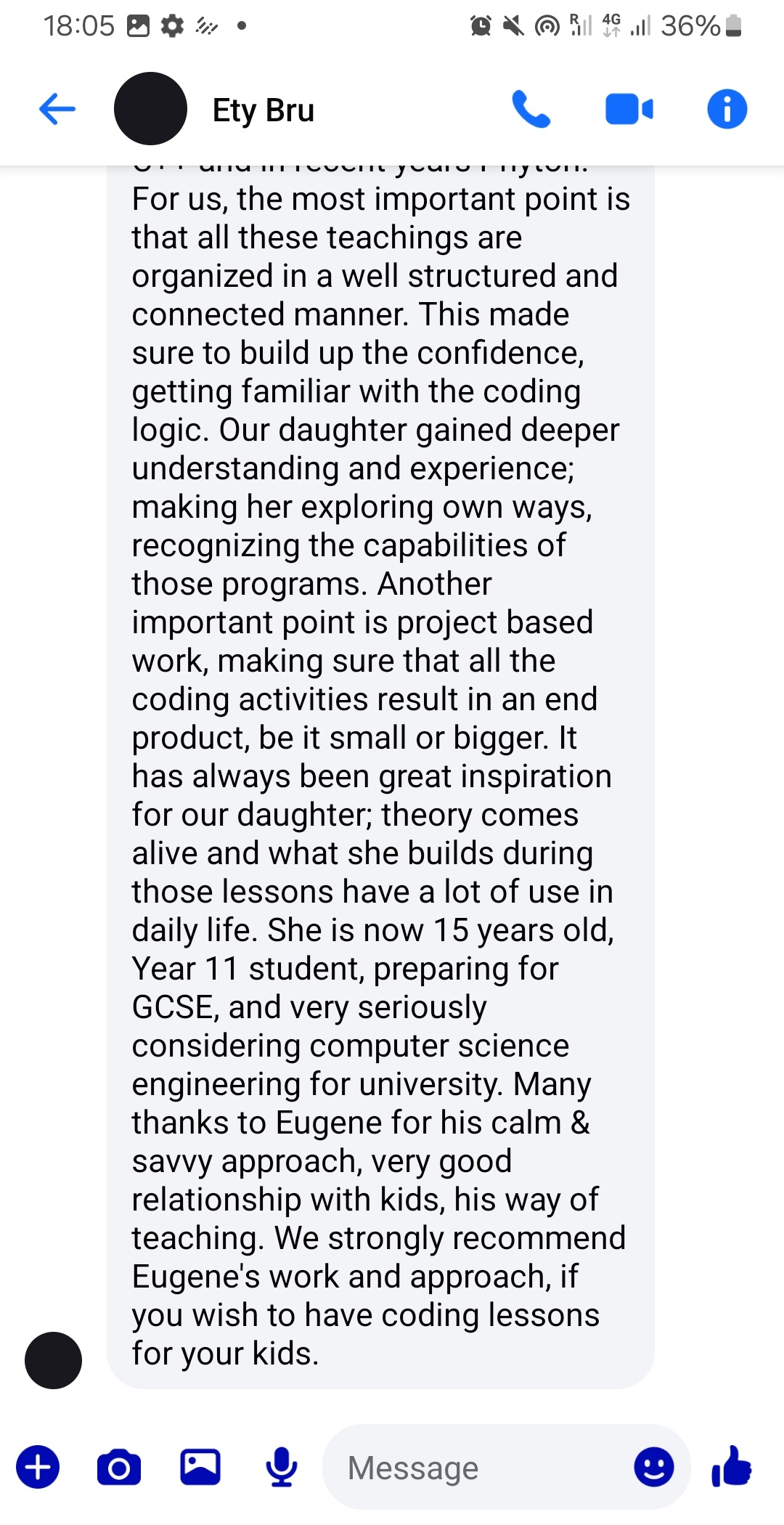 Parent feedback message